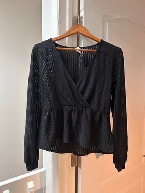 H&M Black Long-Sleeve Wrap Peplum Blouse